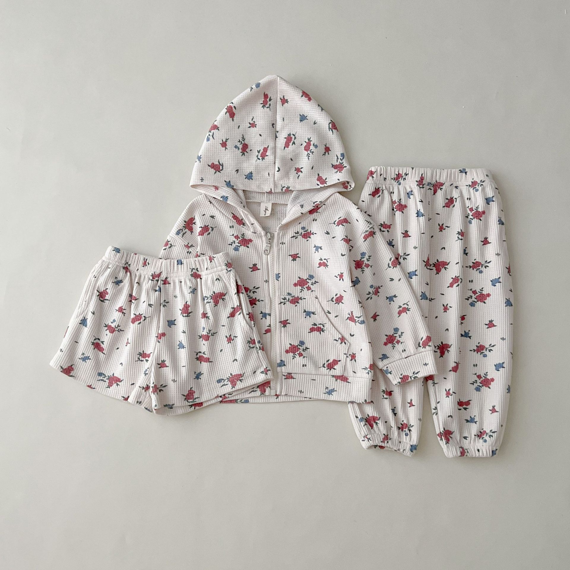 2 Piece Floral Waffle Hooded  Sweatshirt Set