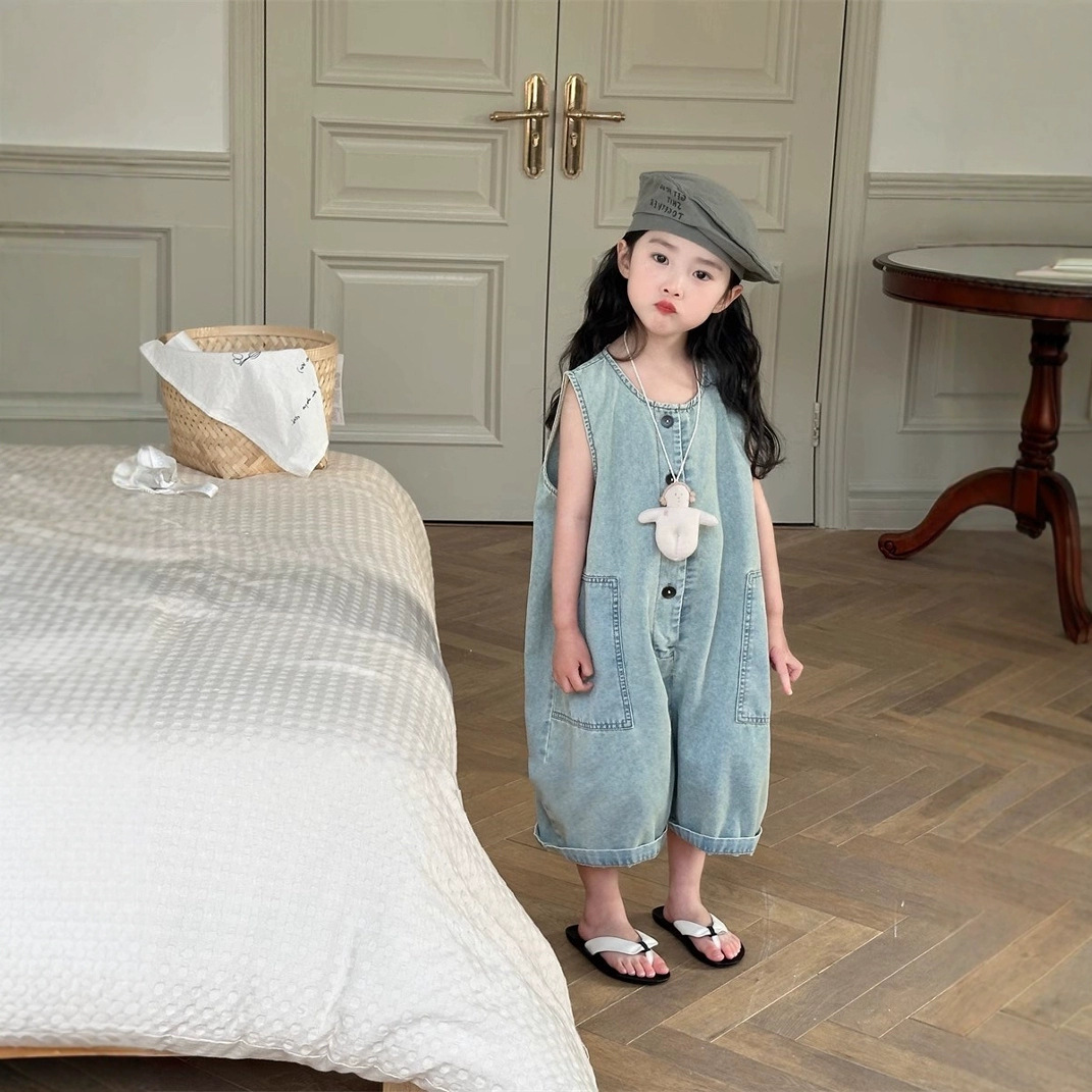 Kids Girls Solid Color Denim Overalls