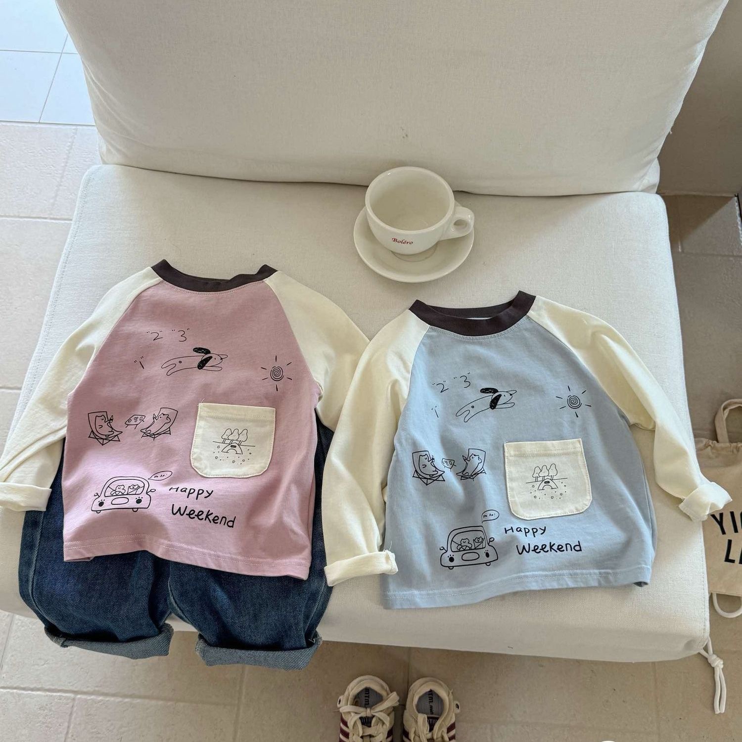 Baby& Kid Contrasting Colors Cartoon Print Long Sleeve Pocket T-shirt
