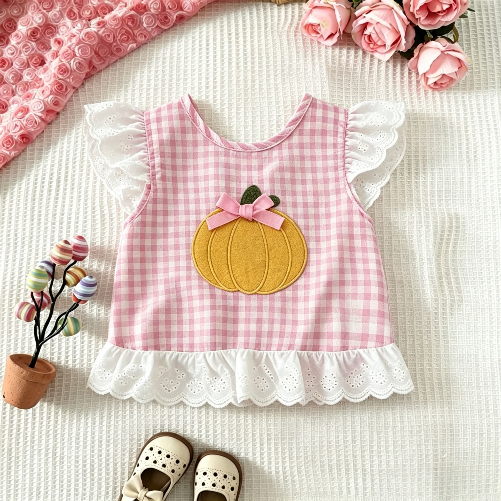 Baby Toddler Halloween Pumpkin Plaid Lace Trim Bow Top and  Pants Set