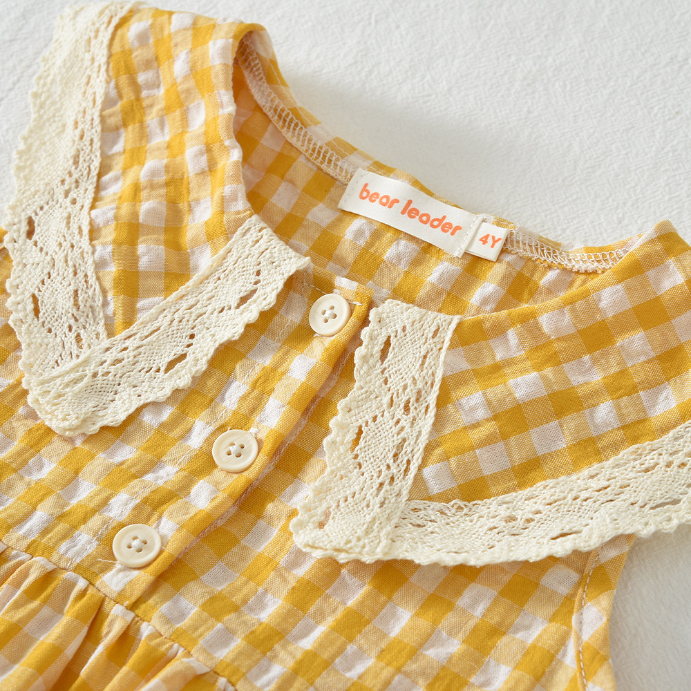 Kids Lace Trimmed Turnover Collar Plaid Top and Shorts Set