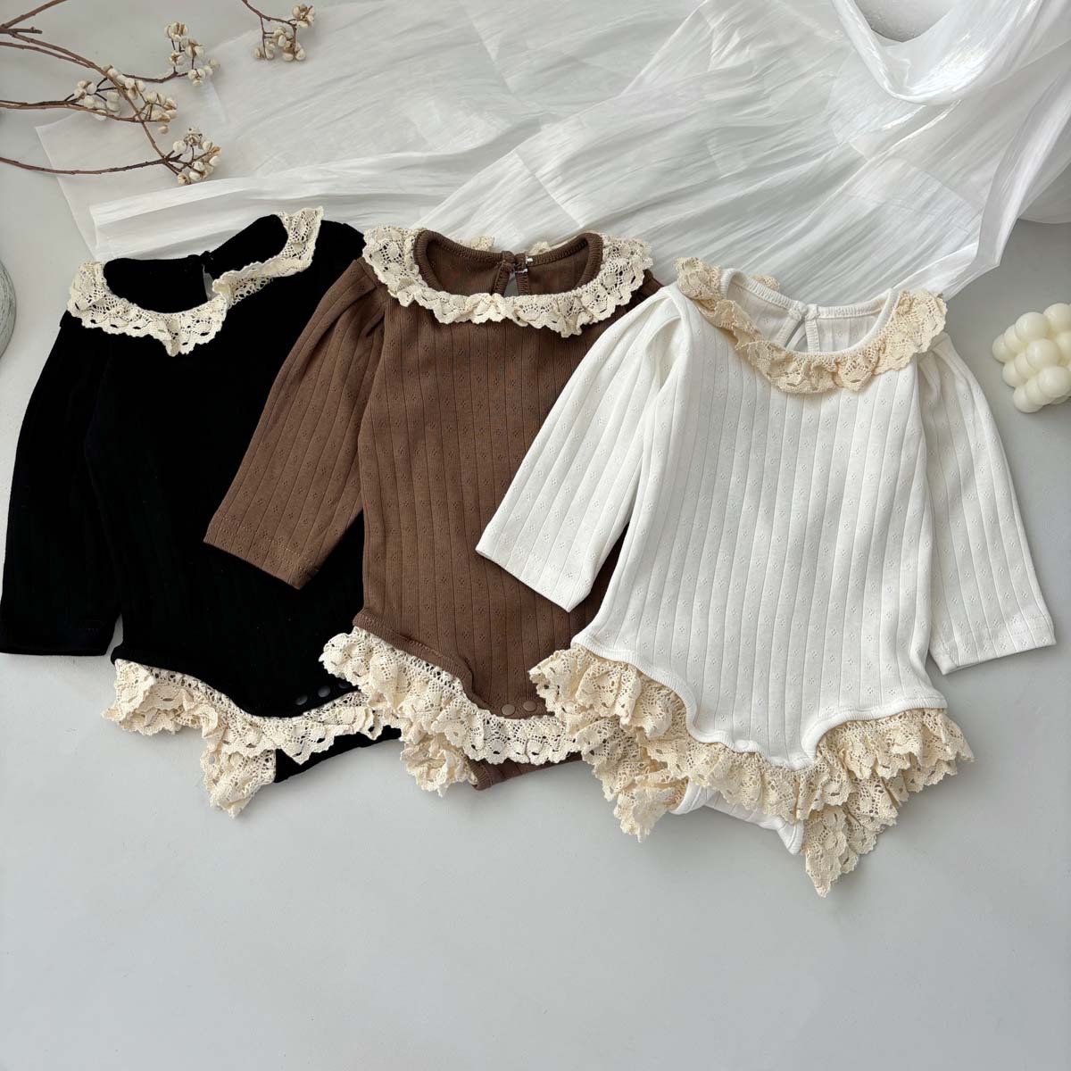 Baby Cut-Out Lace Round Neck Stripe Onesie