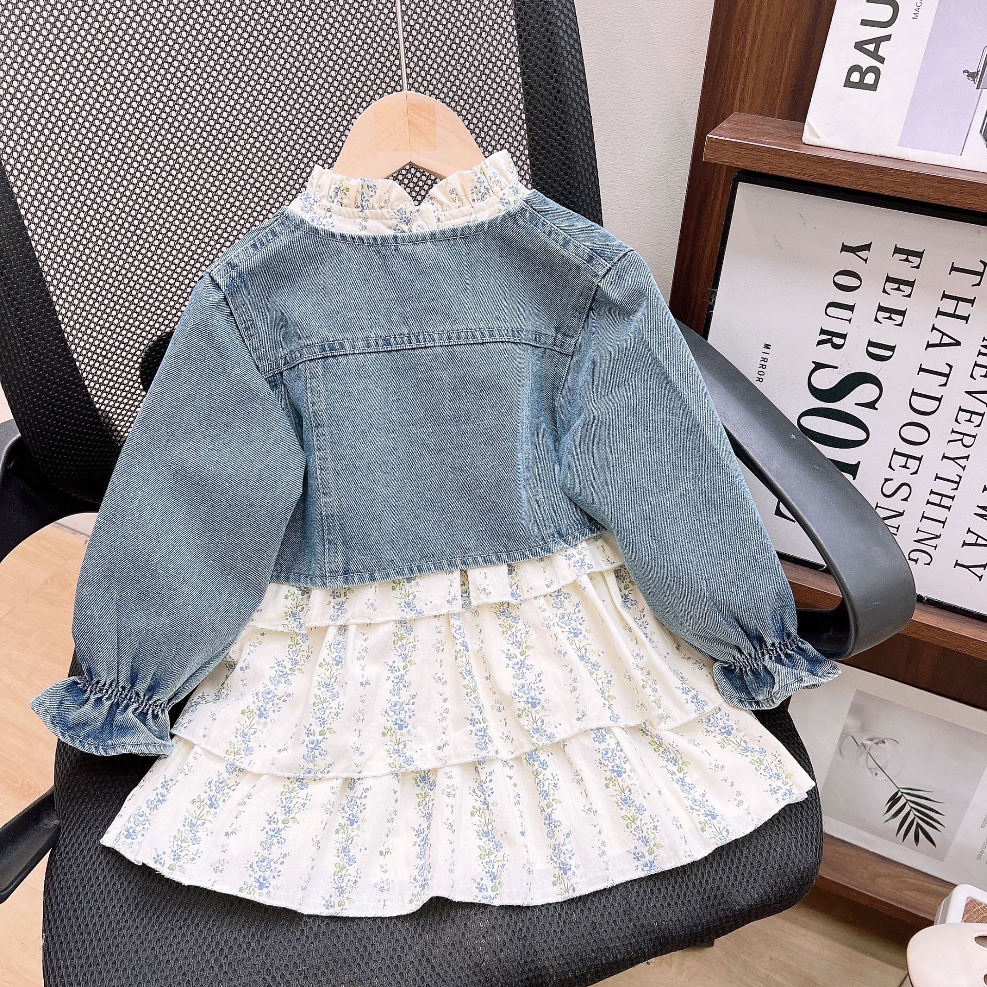 Kids Denim Outerwear and Floral Tiered Dress Set