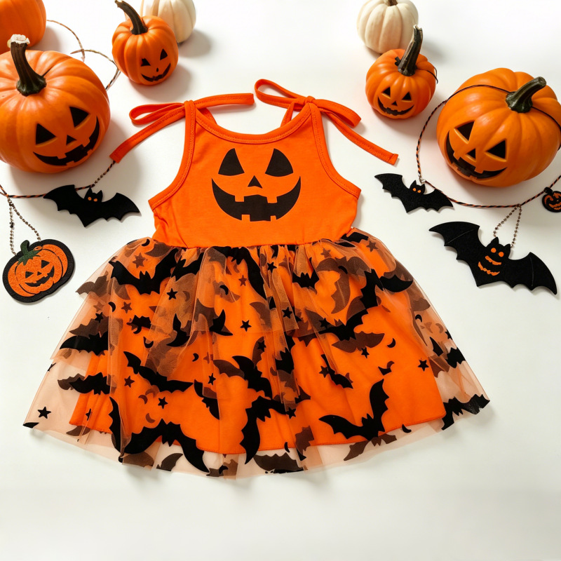 Baby Toddler Halloween Pumpkin Bat Bow Vest Mesh Dress