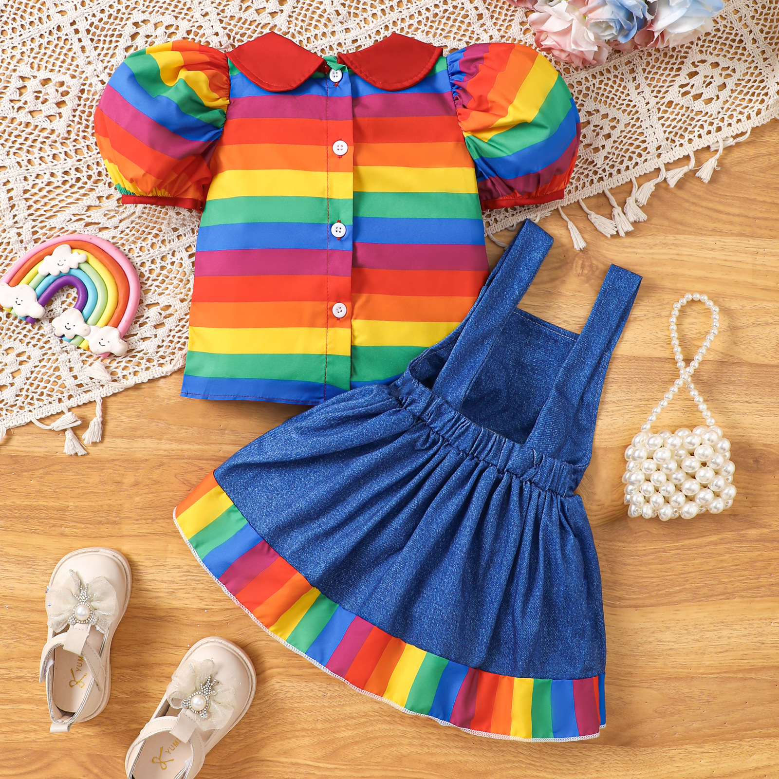 Baby Toddler Rainbow Striped Puff-Sleeve Shirt and Faux Denim Pinafore Dress Set