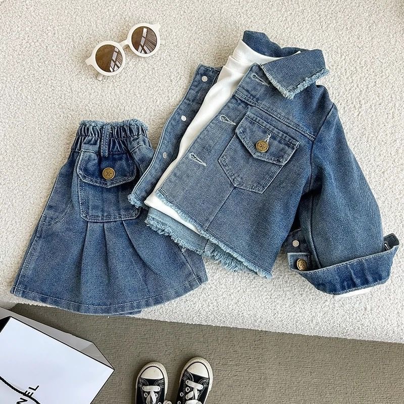 Kids Washed Denim Outerwear and Short Skirt Set