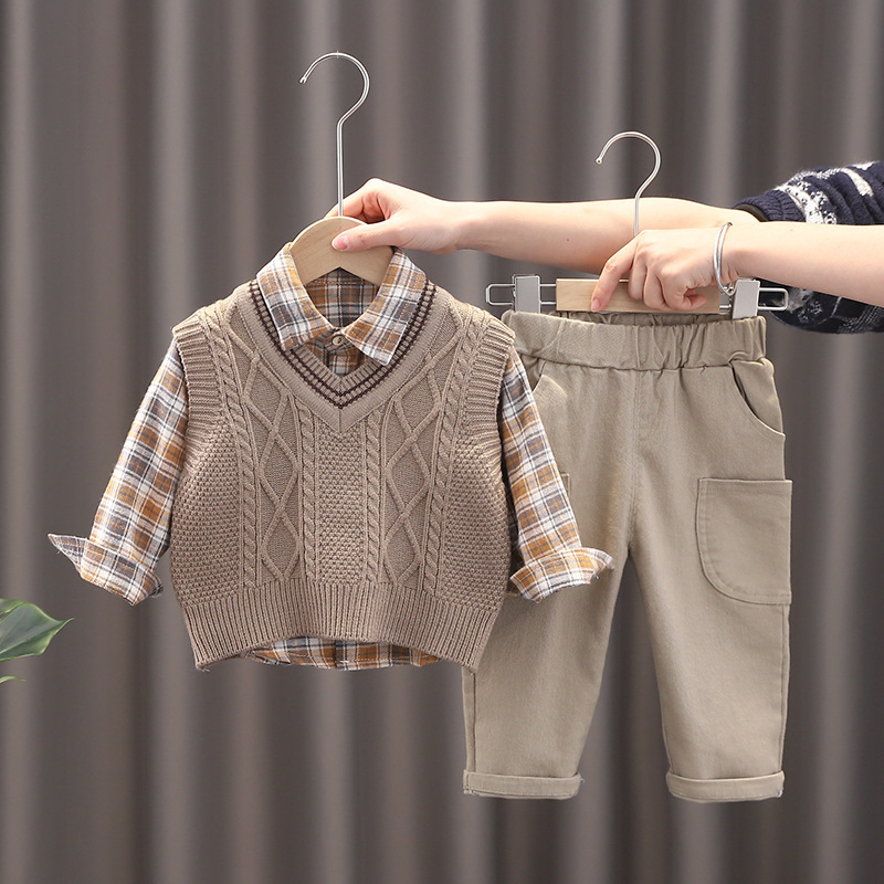 Kids Plaid Shirt Sweater Vest Top and Pants 3-Piece Set