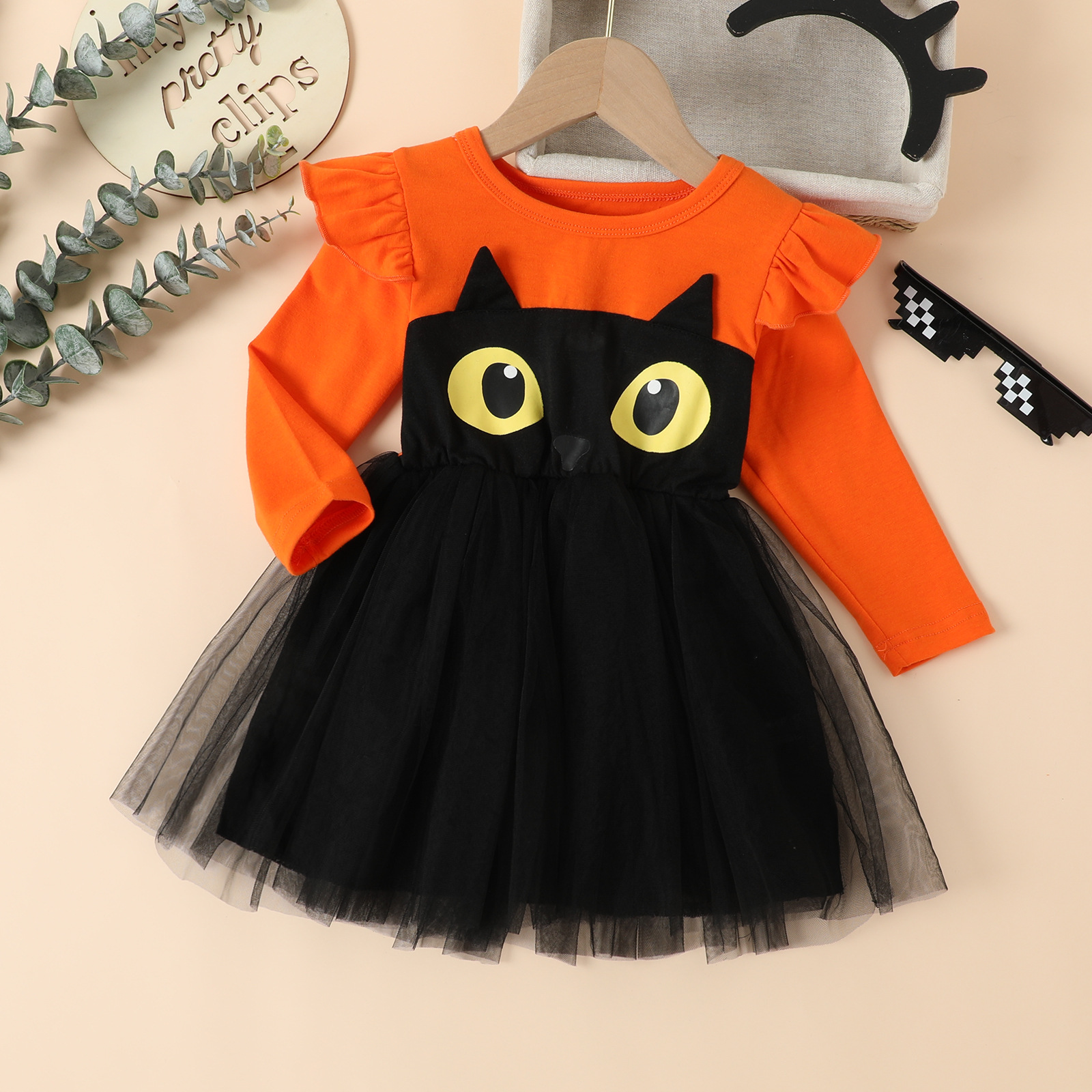 Kids Halloween Cat Long Sleeve Mesh Dress