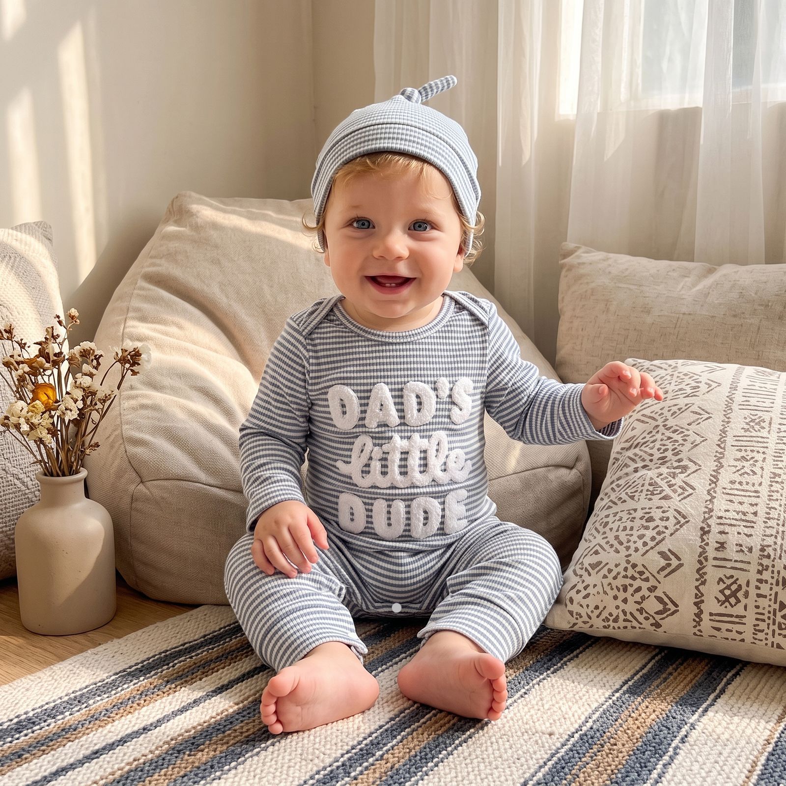 DAD'S LITTLE DUDE Baby Waffle Letter Embroidery Stripe Onesie with Hat