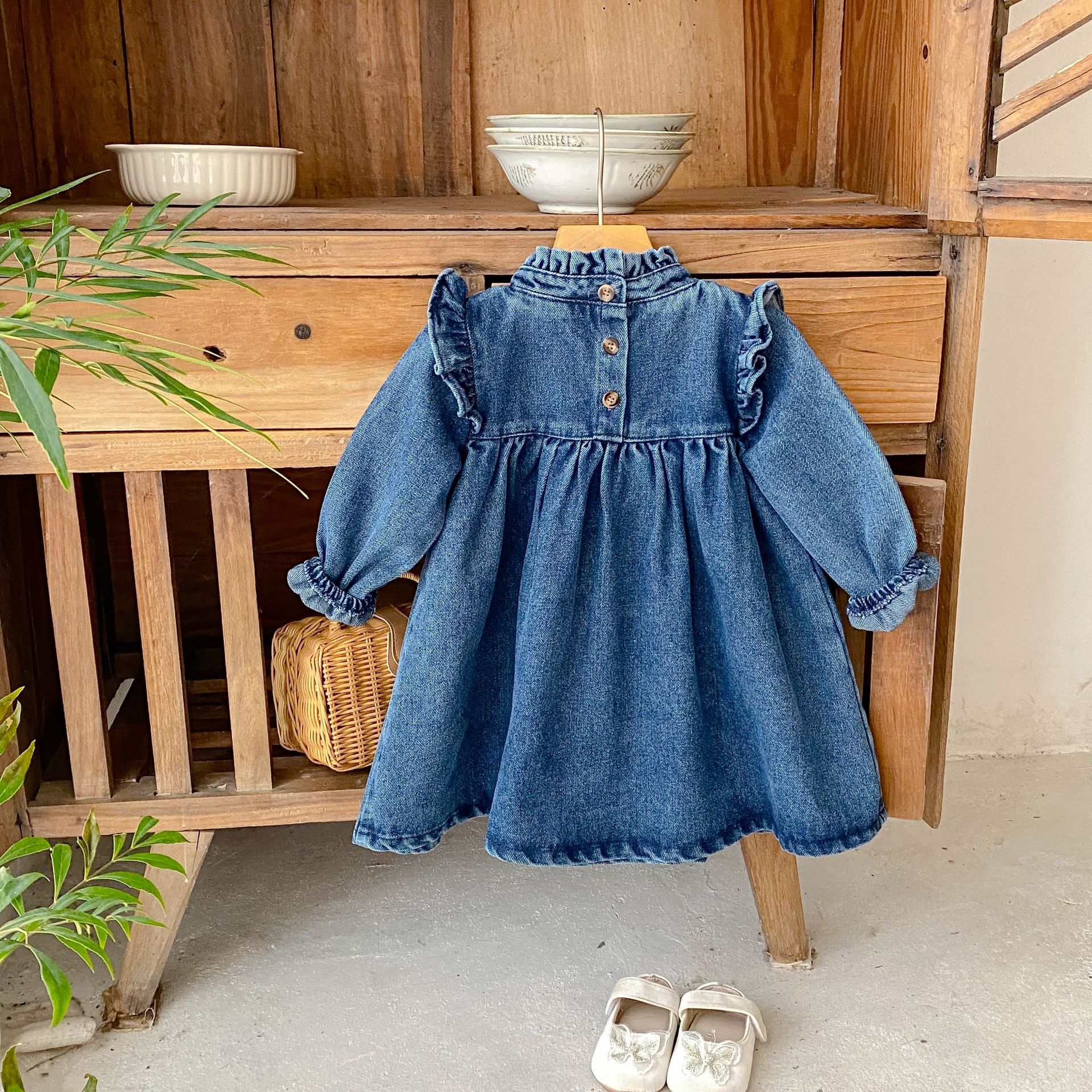 Baby Toddler Fungus Hem Folds Denim Dress