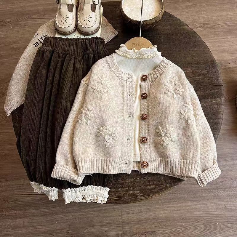 Kids Flower Lace Sweater 3-Piece Set