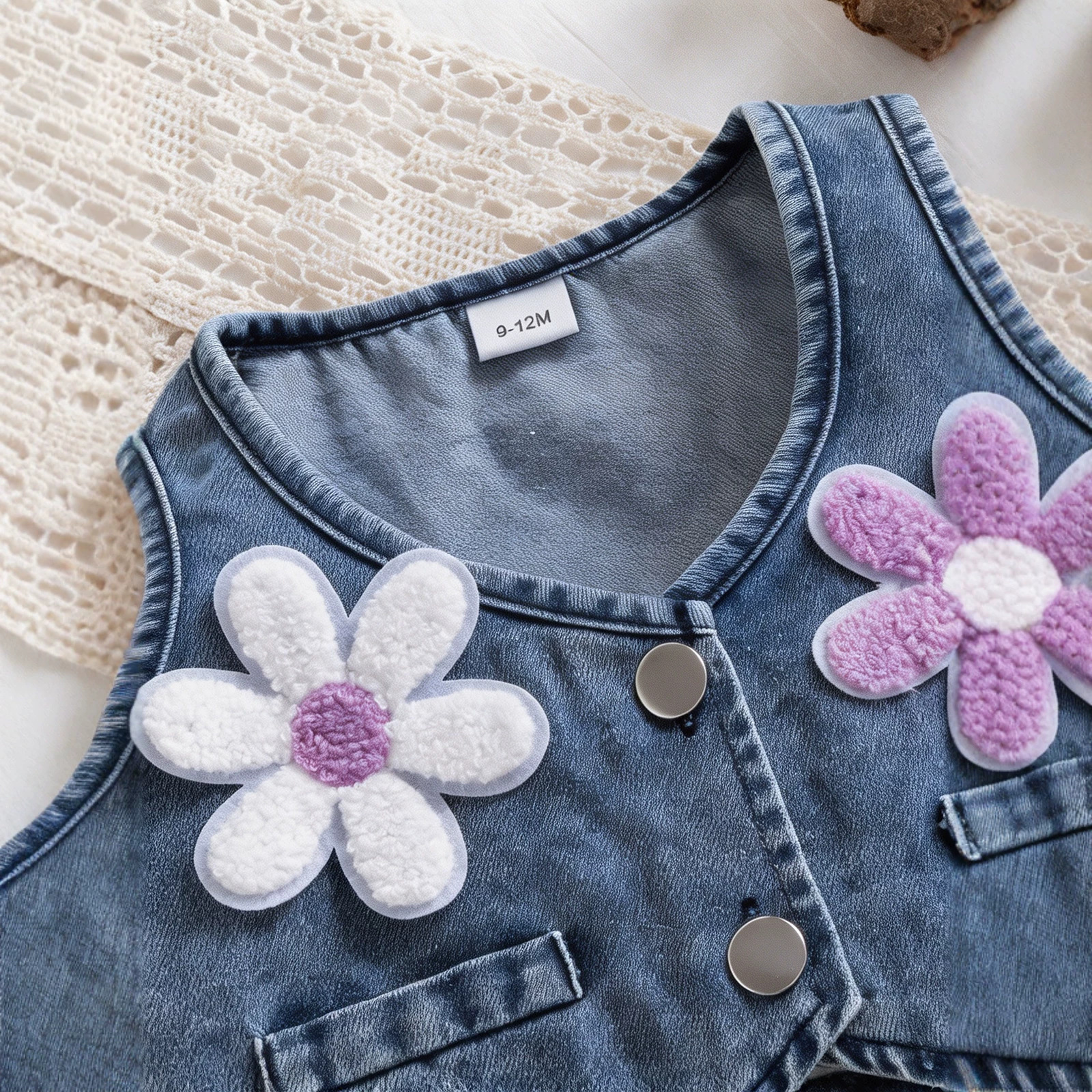 Baby Flower Embroidery Washed Denim 3-Piece Set
