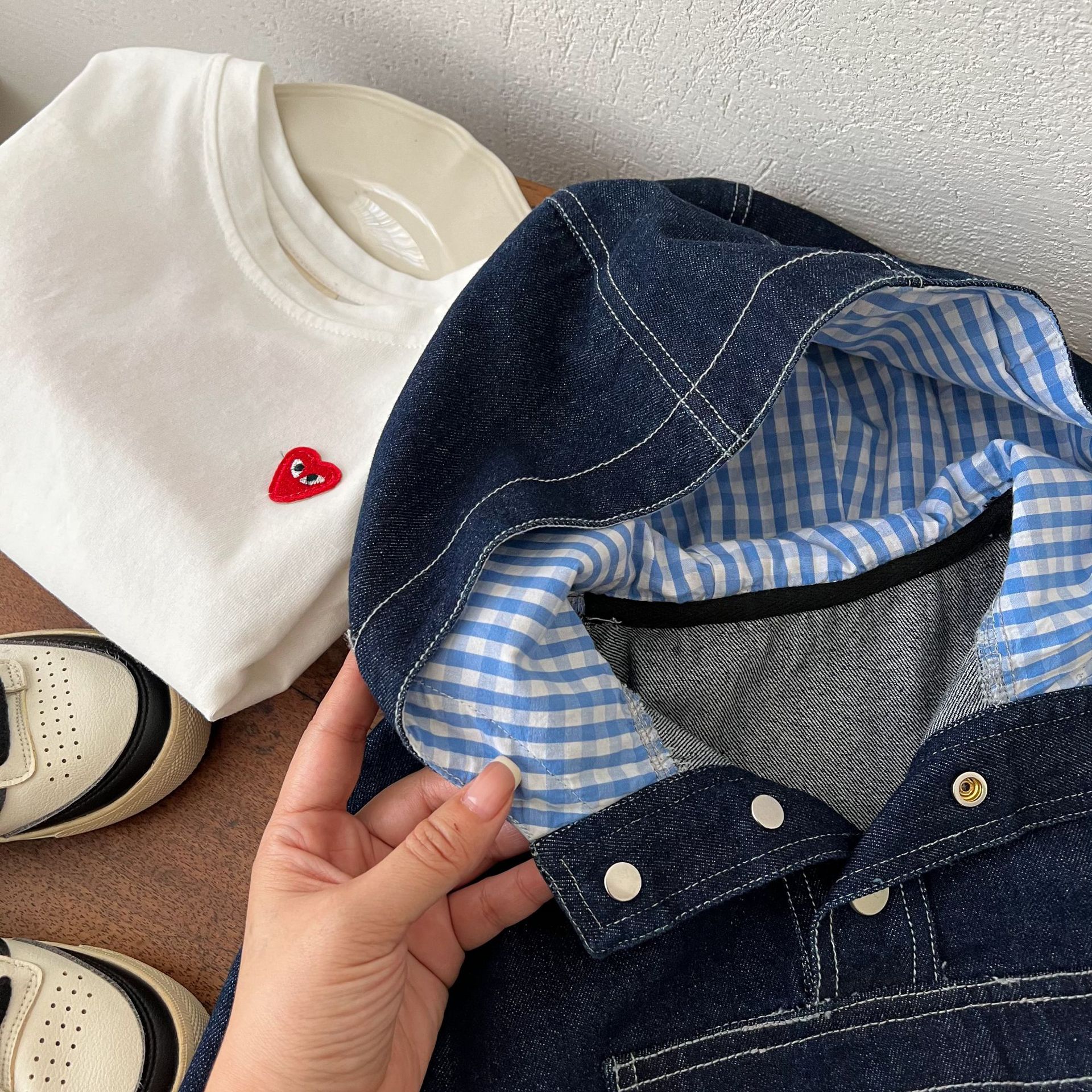 Kids Checkered Lining Denim Outerwear