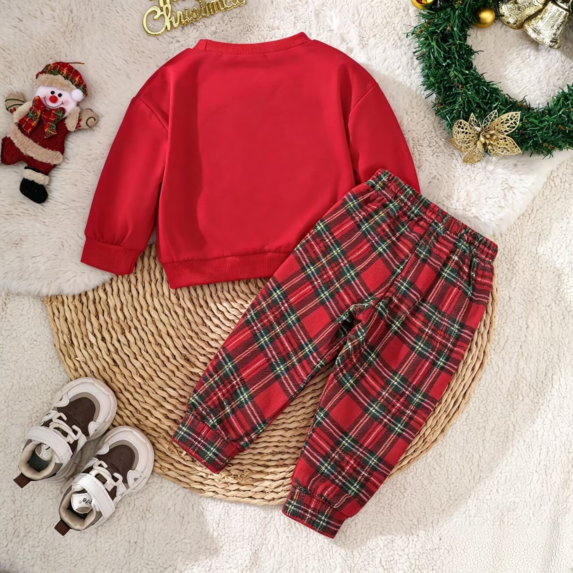 Baby Santa Claus Sweatshirt and Checkered Pants Set