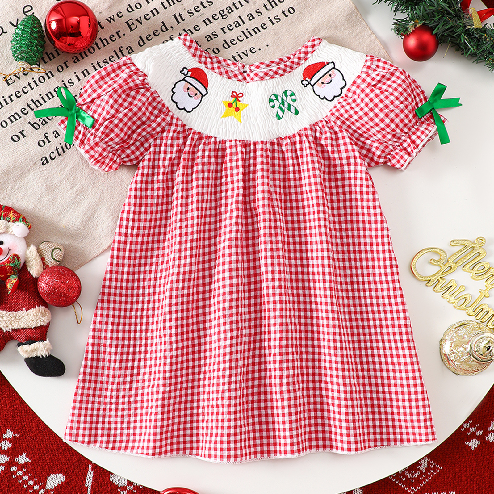 Baby Toddler Santa Claus Puff Sleeves Checkered Dress