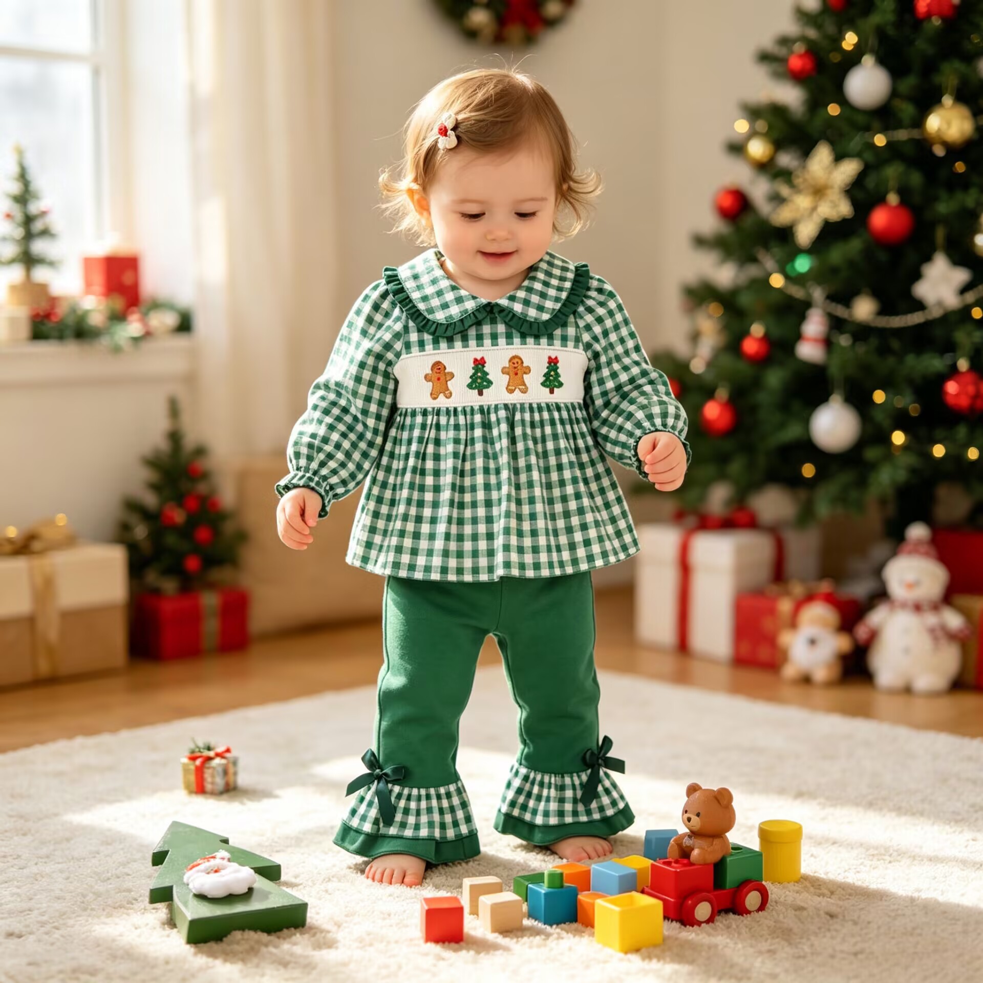 Kids Christmas Checkered Embroidery Lace Bow 2-Piece Set