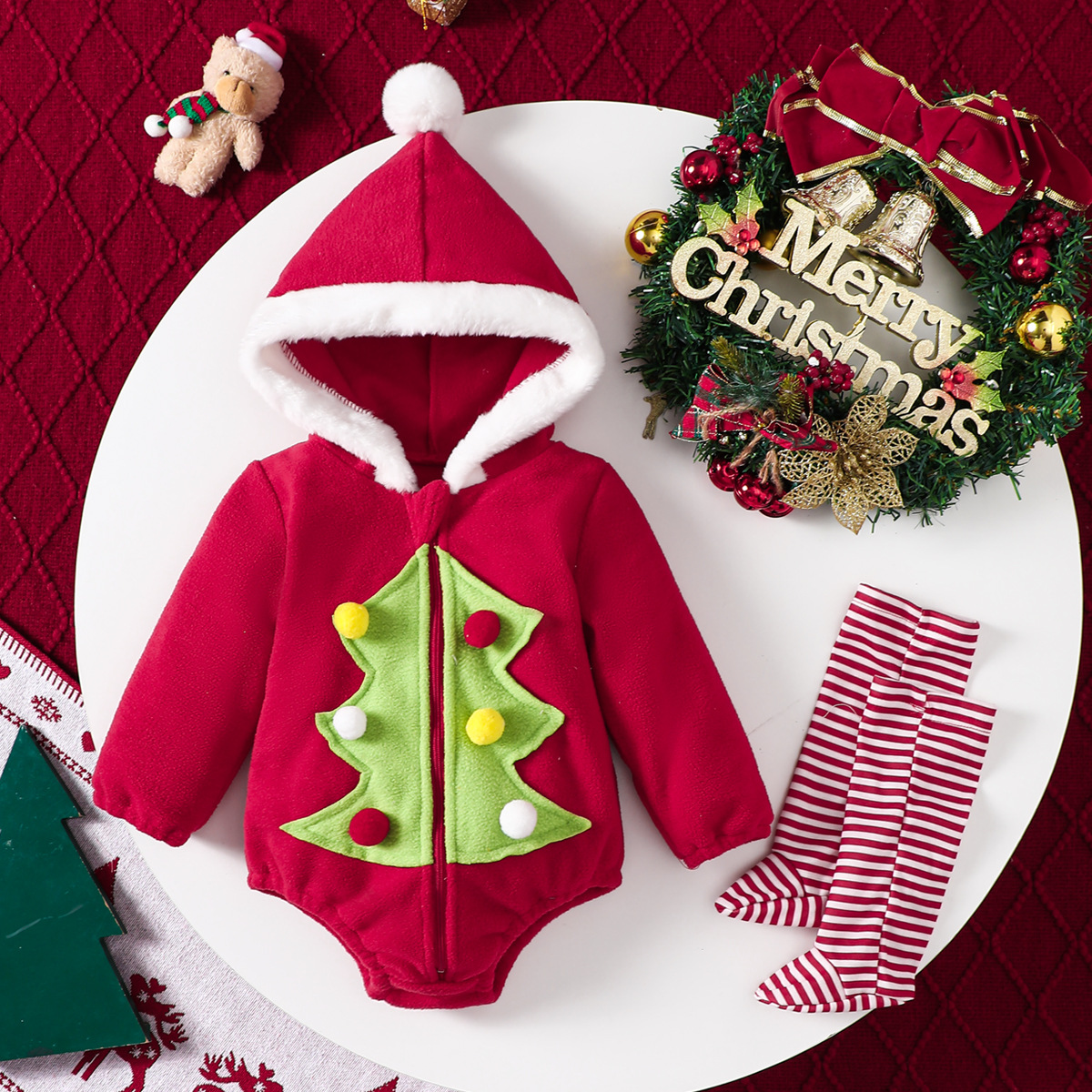 Baby Christmas Fleece Hooded Zipper Onesie With Stripe Socks