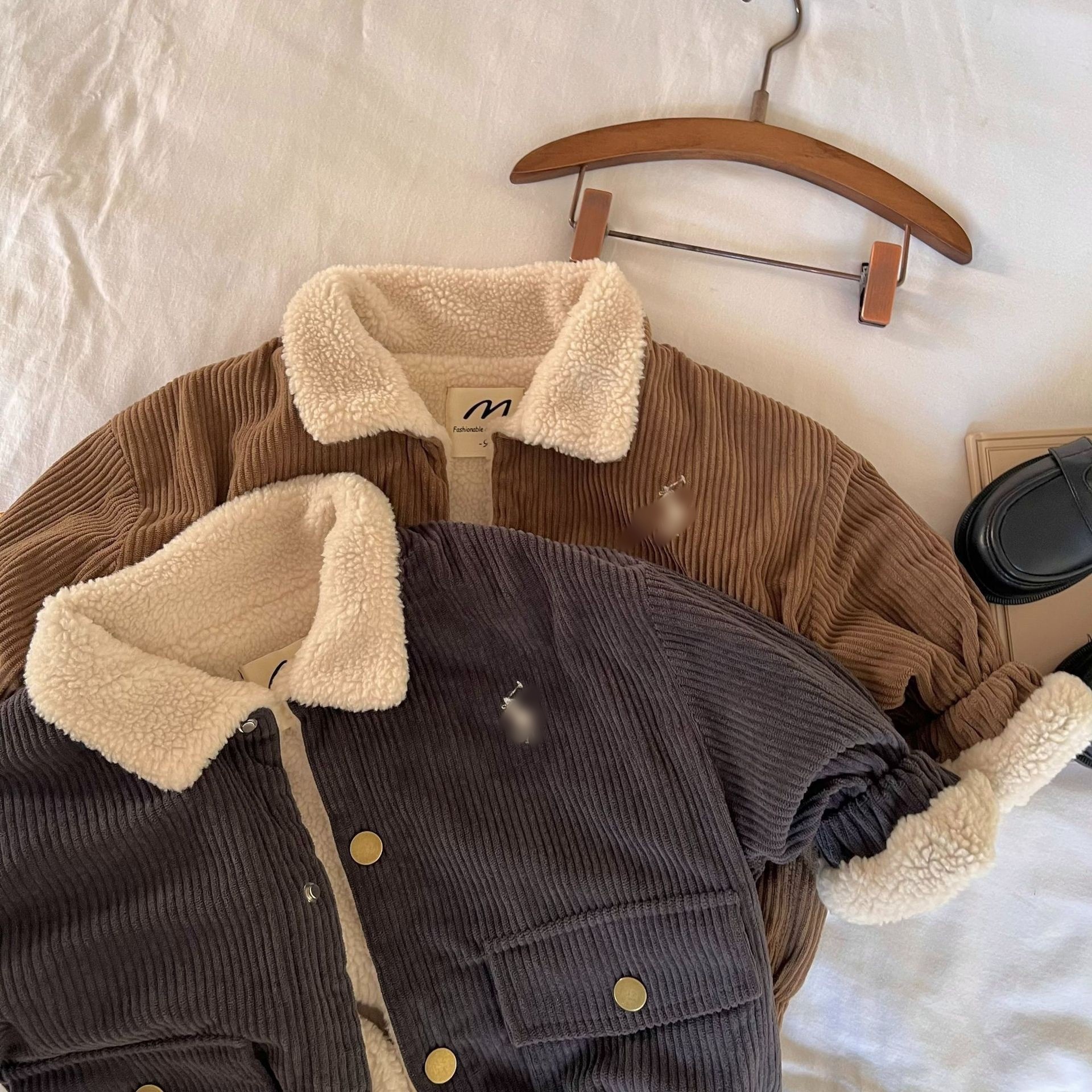 Kids Ribbed Fleece Lined Lapel Collared Outerwear