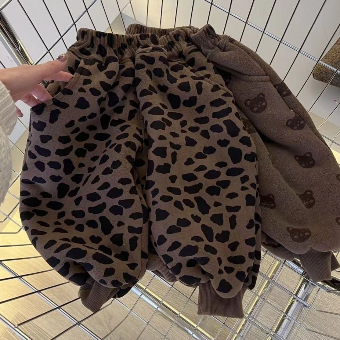 Kids Leopard Print Bear Fleece Lined Pants