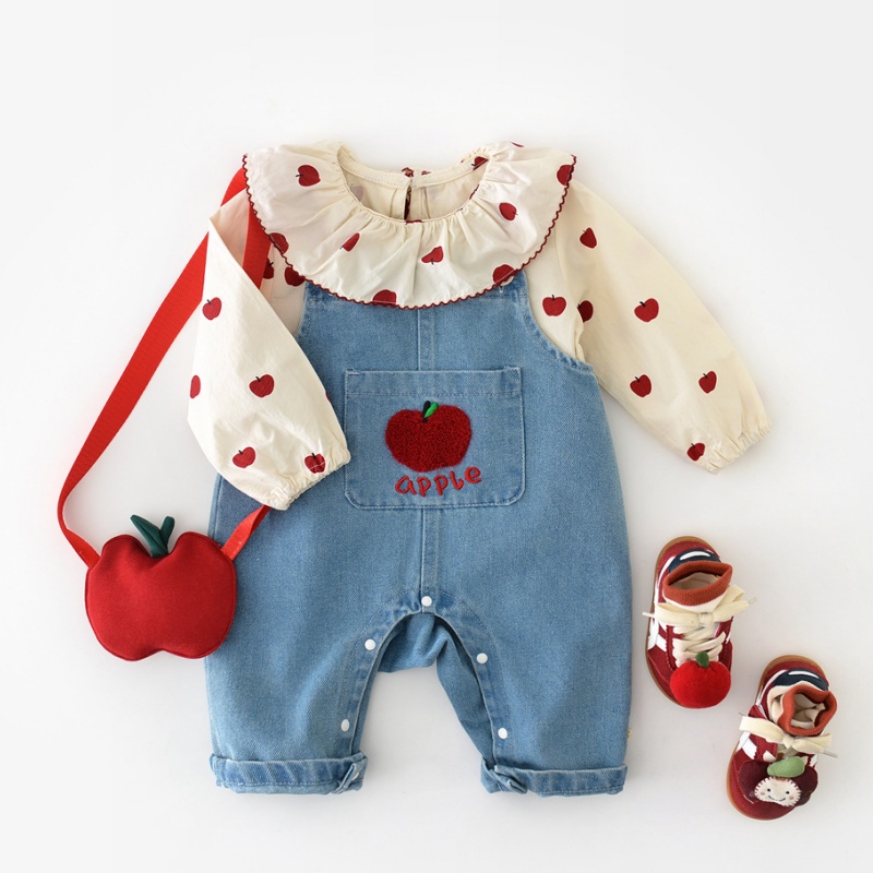 Baby Apple Embroidered Denim Overalls