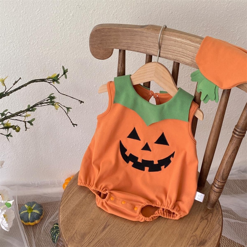 Baby Halloween Sleeveless Pumpkin Print Romper （Includes hat）