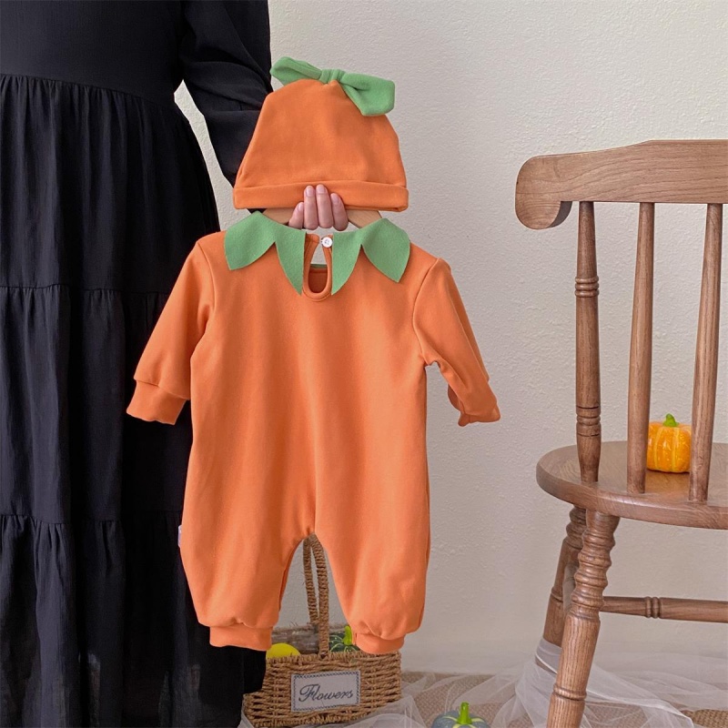 Baby Halloween Pumpkin Print Romper （Includes hat）