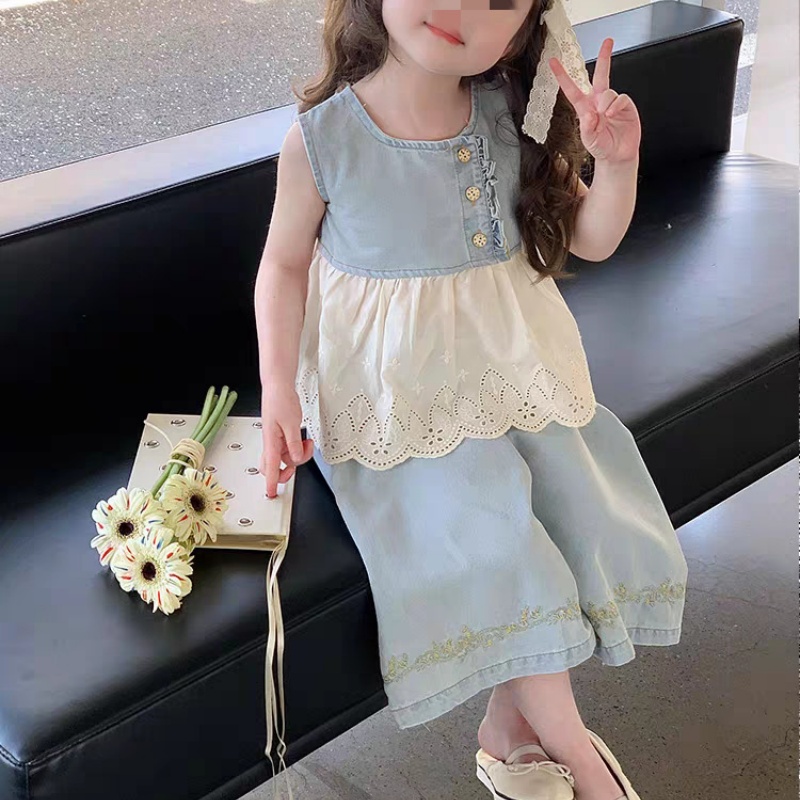 Baby Toddler Girls 2-Piece Lace Denim Patchwork Set