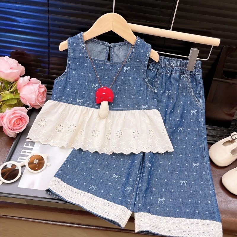 2-Piece Baby Toddler Girls Lace Denim Patchwork Set