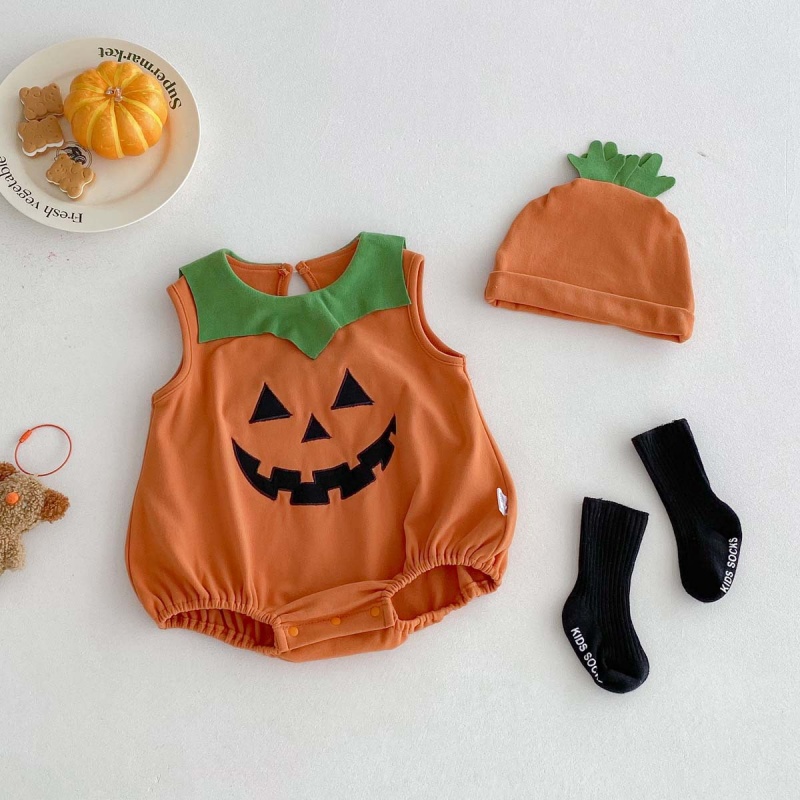 Baby Halloween Spooky Pumpkin Print Romper (with Hat)
