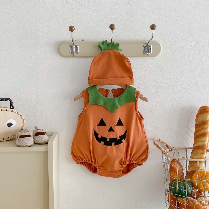 Baby Halloween Spooky Pumpkin Print Romper (with Hat)