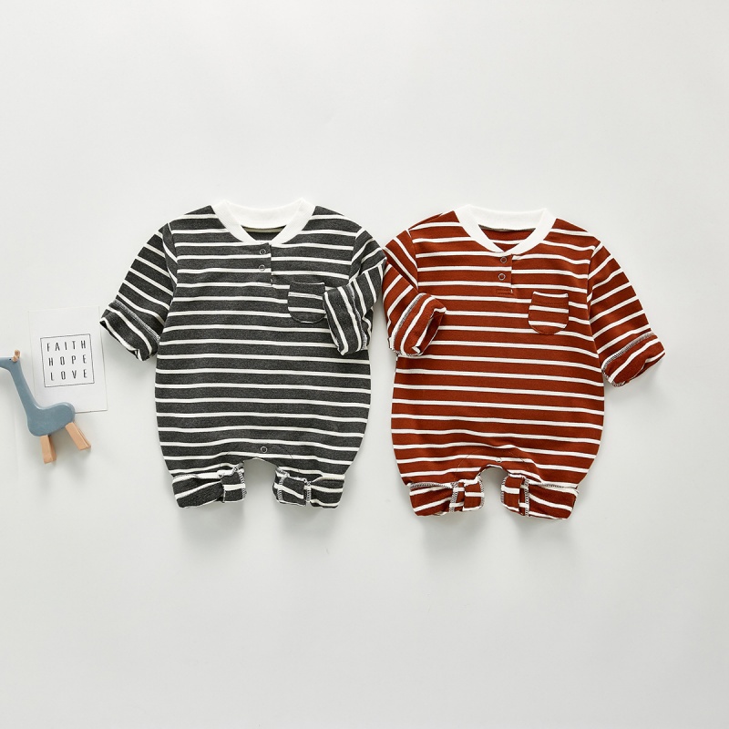 Baby Striped Pocket Stand-Up Collar Romper