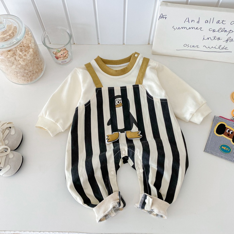 Baby Penguin Print Striped Patchwork Romper