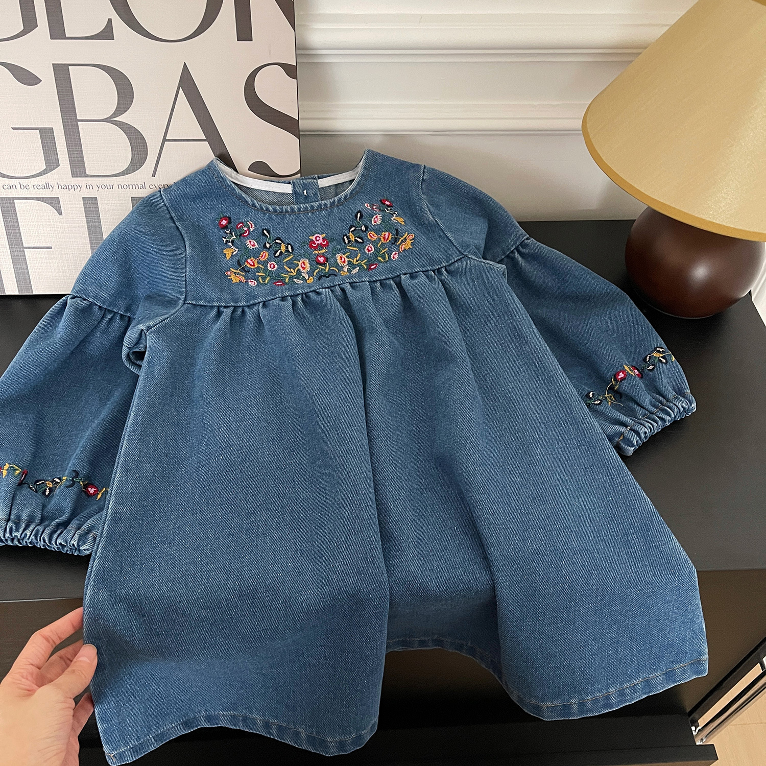 Toddler Kid Girl Floral Embroidered Denim Dress
