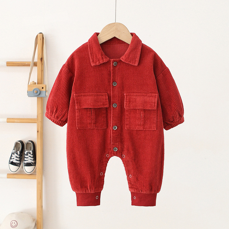 Baby Solid Color Corduroy Cargo Romper