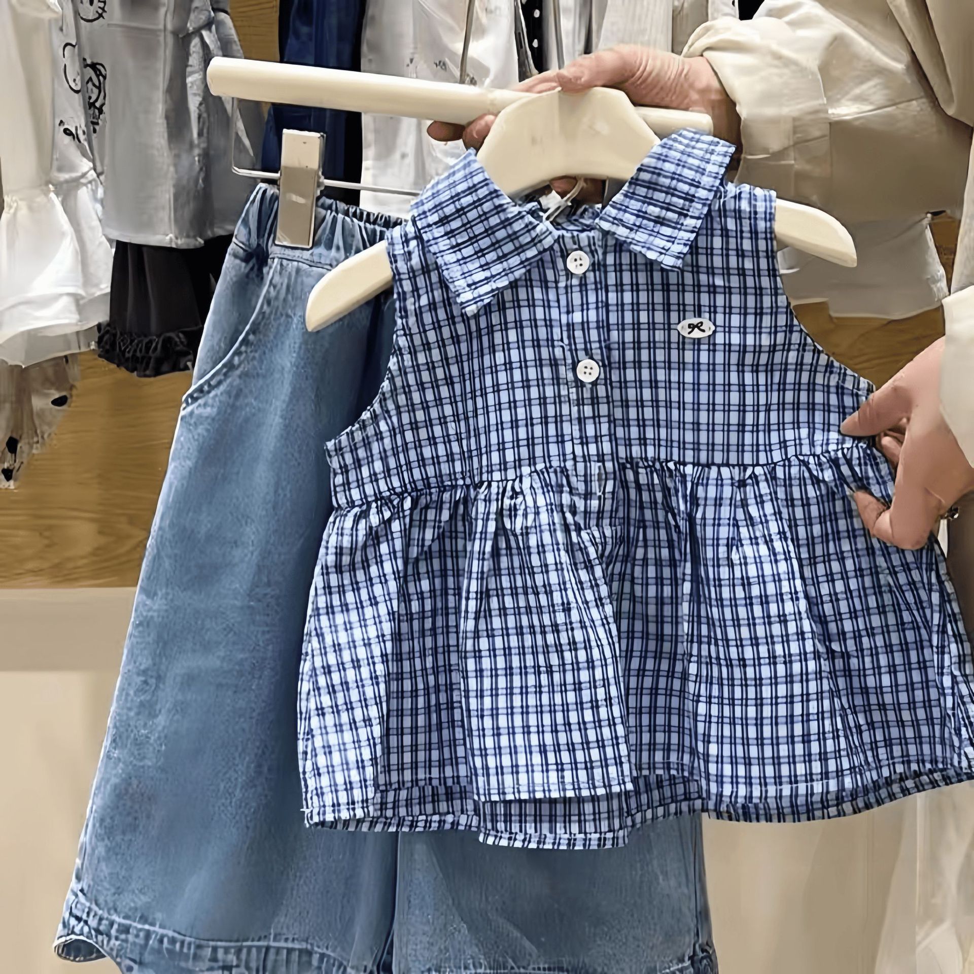 Kids Girl Gingham Blue Top and Denim Pants Set