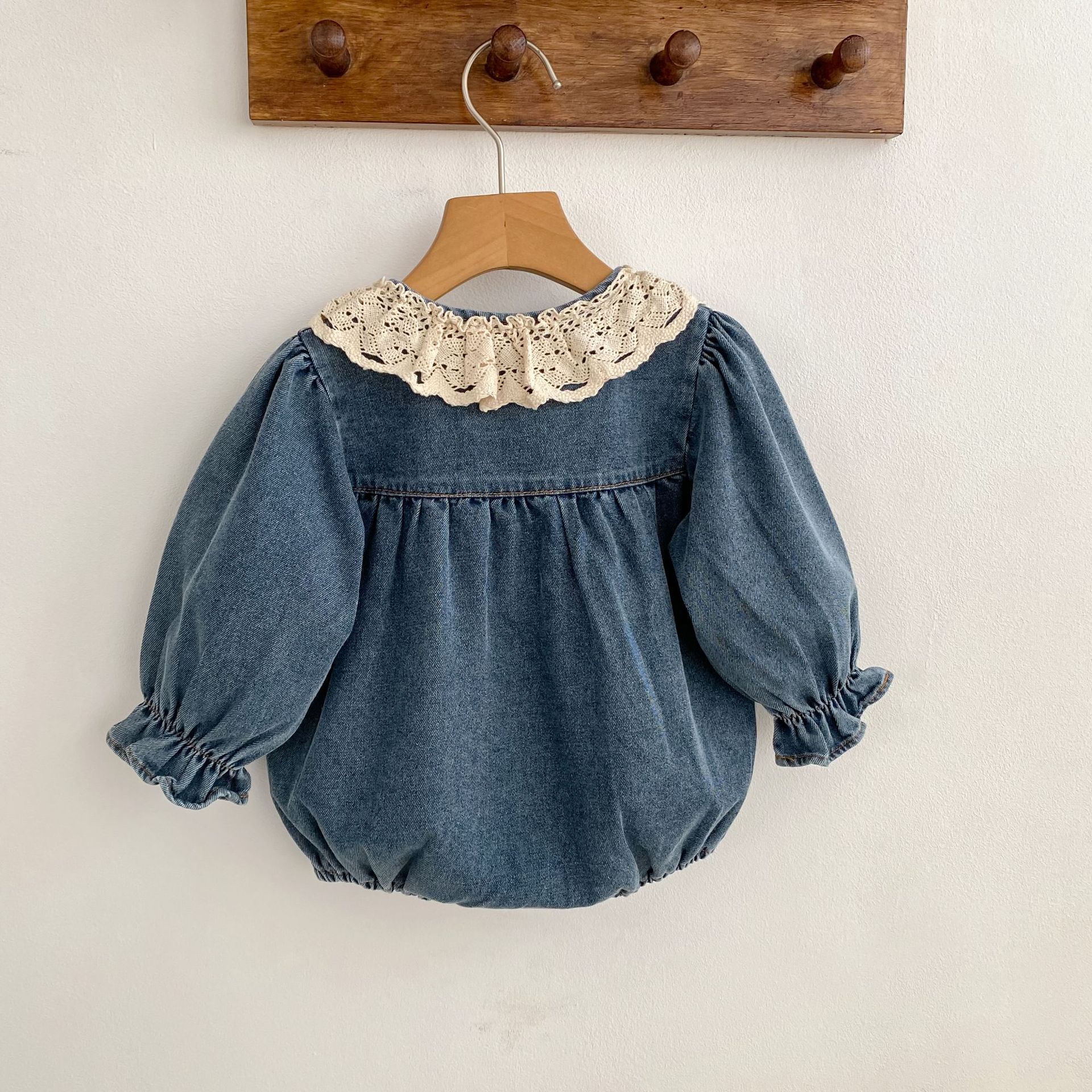 Lace-trimmed Peter Pan Collar Denim Romper