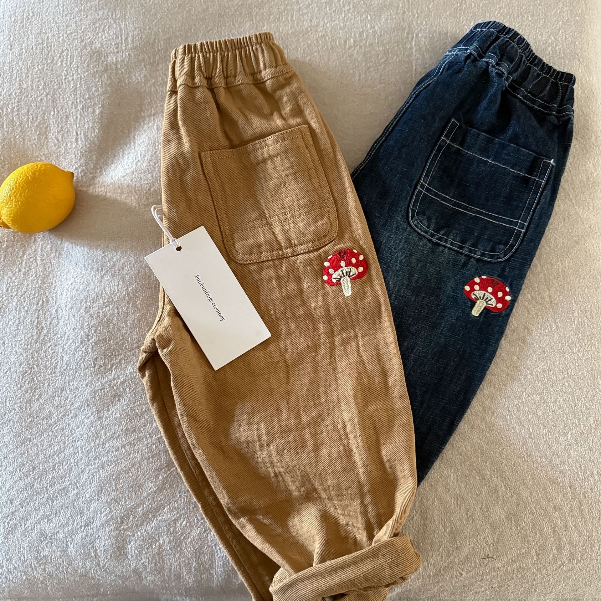 Kids Casual Cotton Mushroom Print Denim Pants