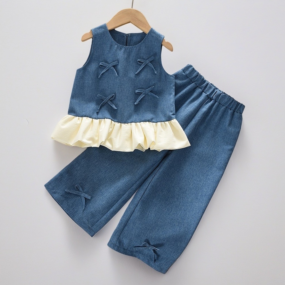 Kid Girls Bow Tie Sleeveless Splicing Denim Set