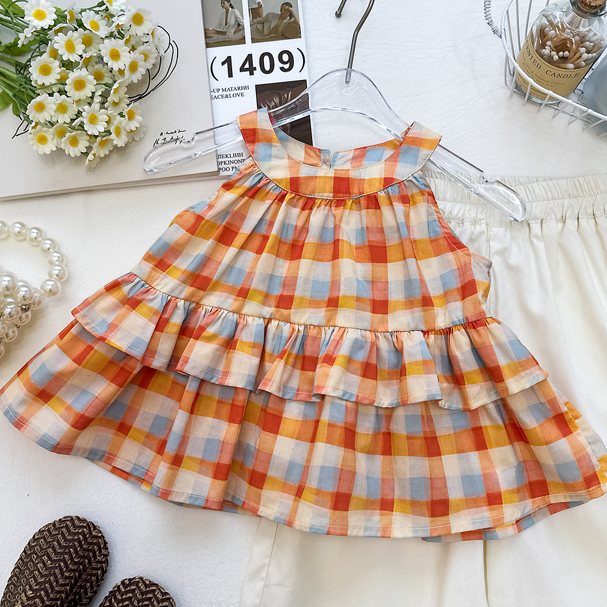 Toddler Kid Girls Orange Gingham Bow Tank Top and Solid White Pants Set