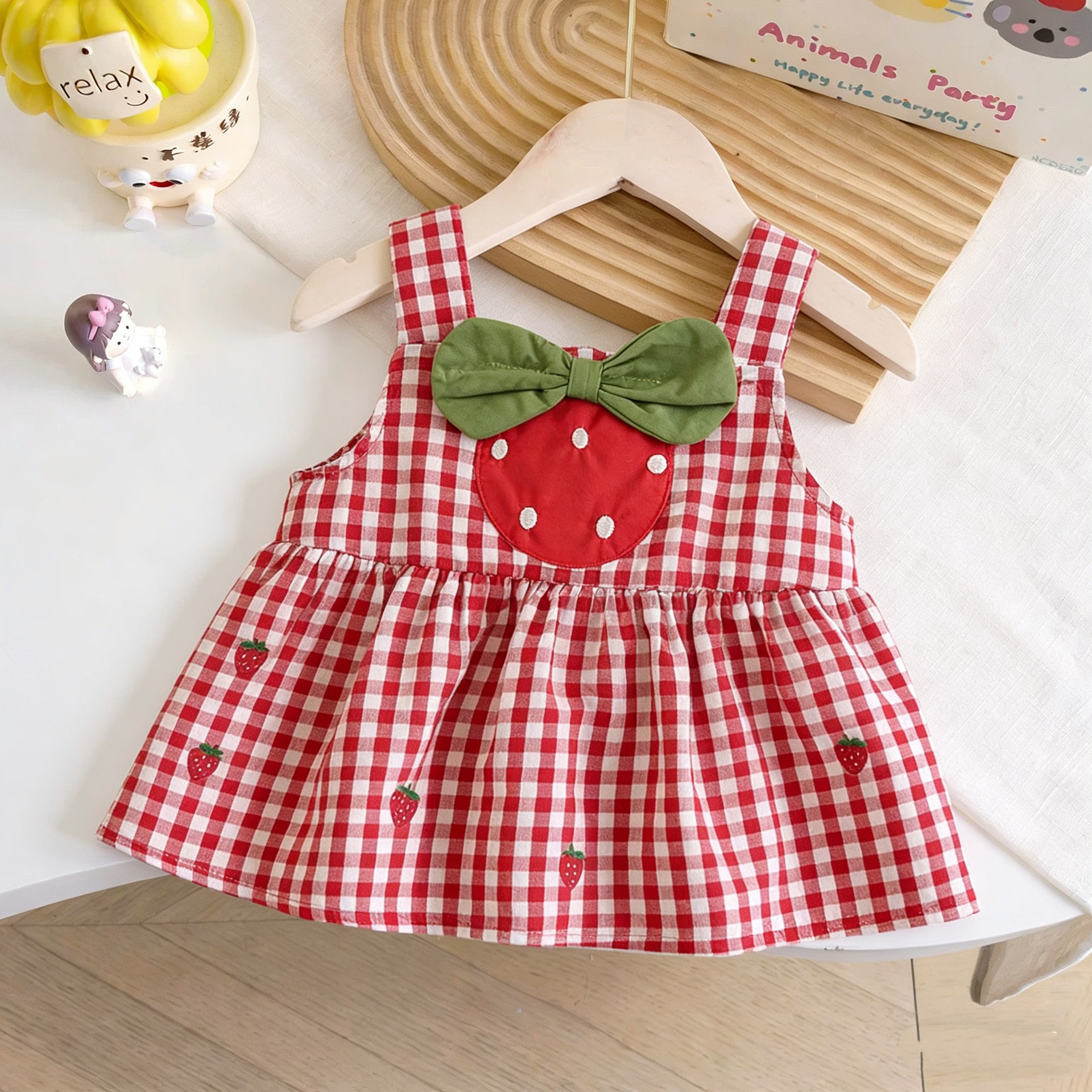 Kids Strawberry Camisole Plaid Top and Denim Shorts Sets
