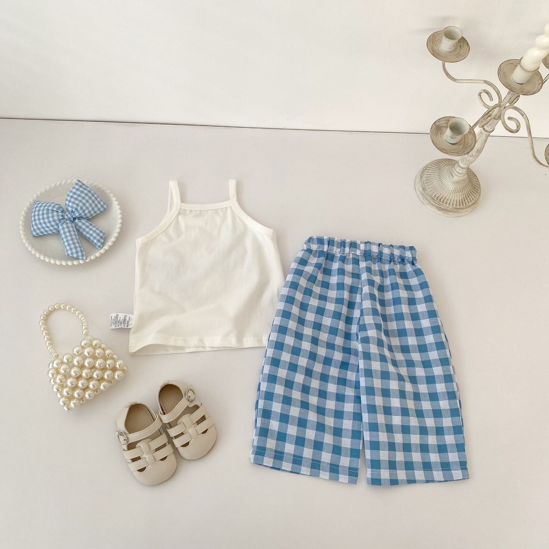 Baby& Kid Star suspenders Top and Plaid Pants Set