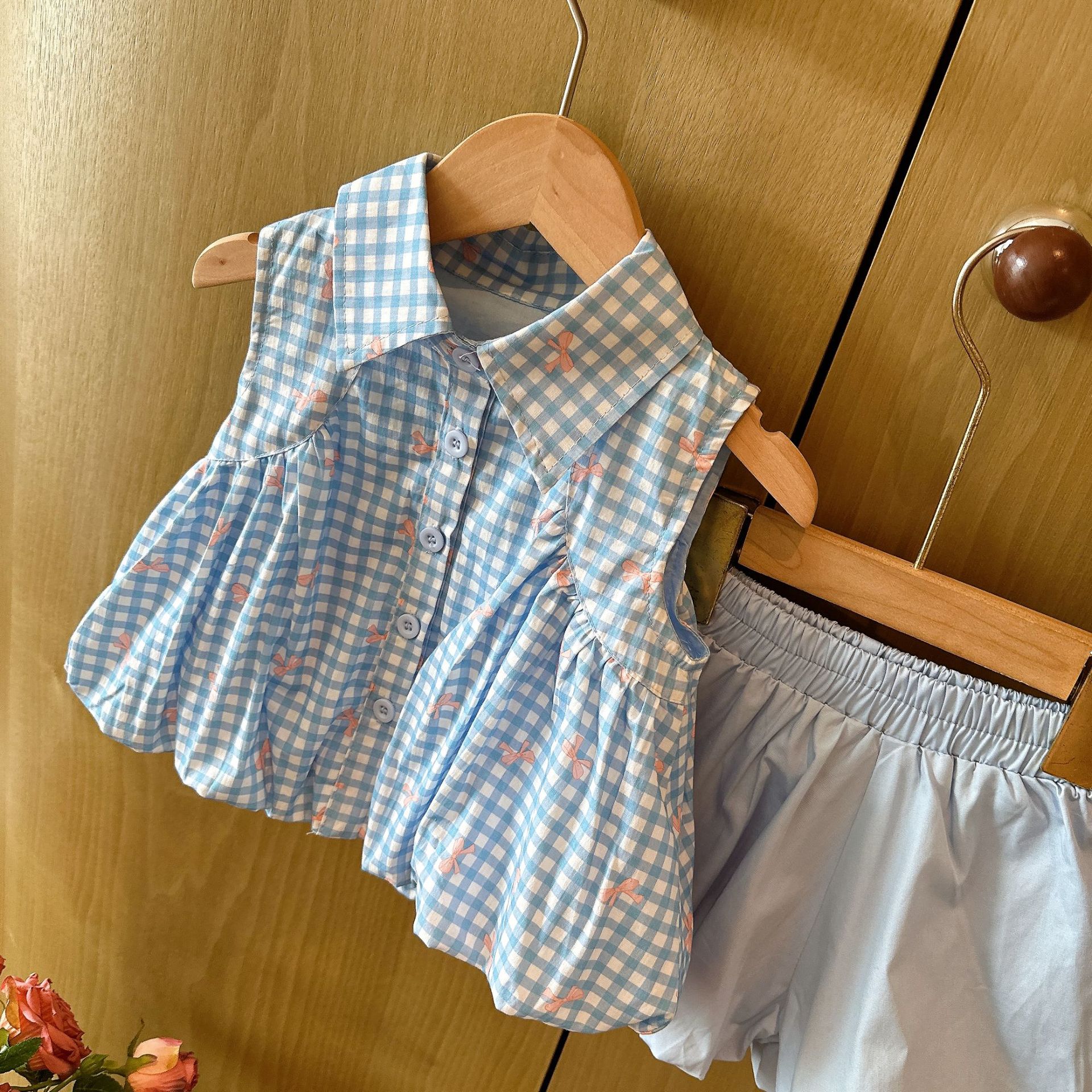 Kids Plaid Bow Pattern Tie Collar Top and Pants Set