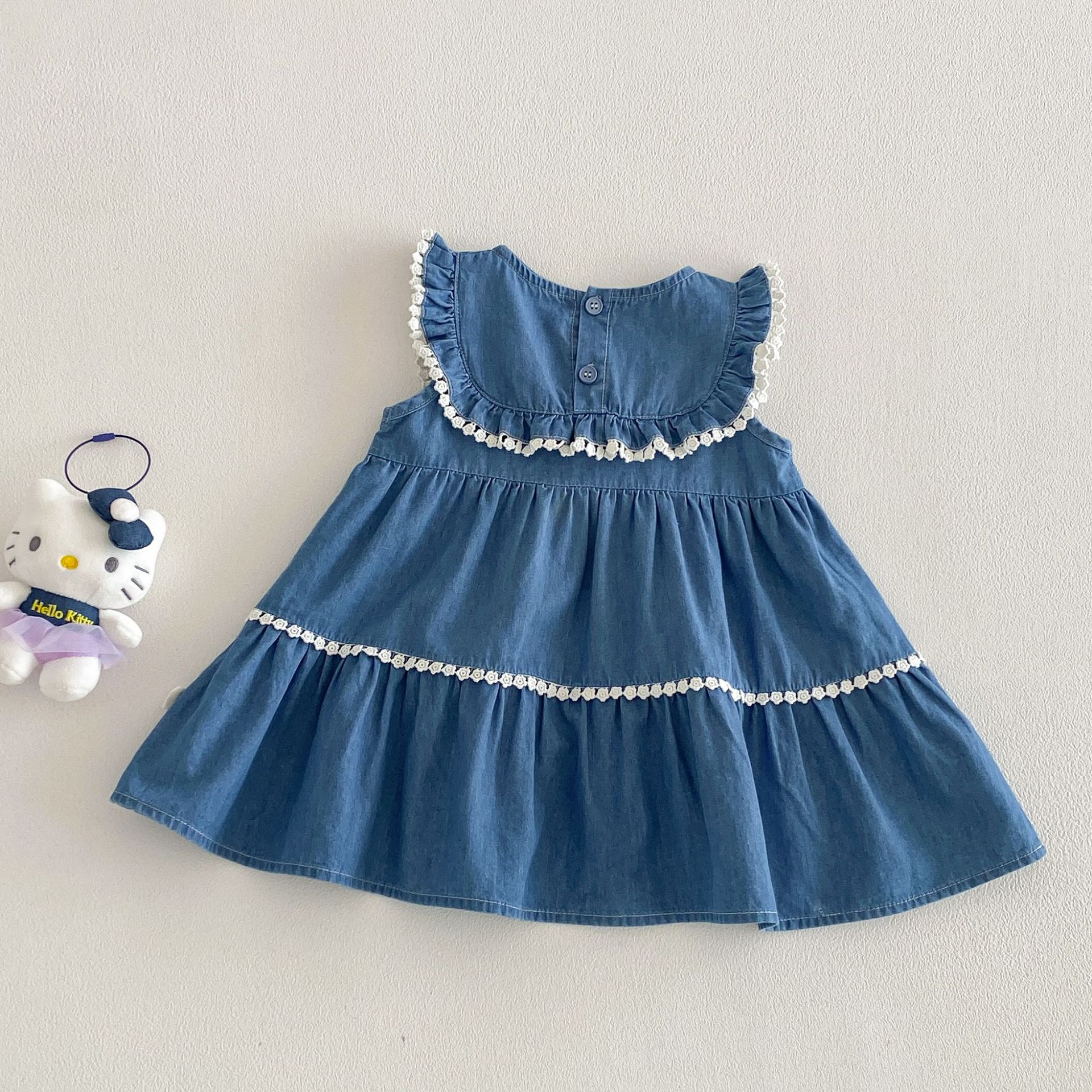 Baby Toddler Flower Lace Sleeves Denim Dress