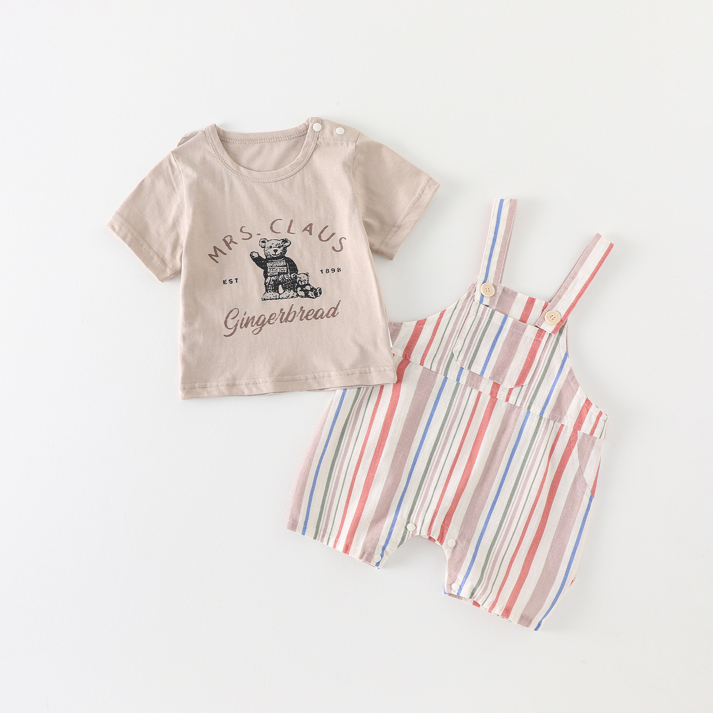 Baby Bear Pattern Top and Vertical Stripes Overalls Set