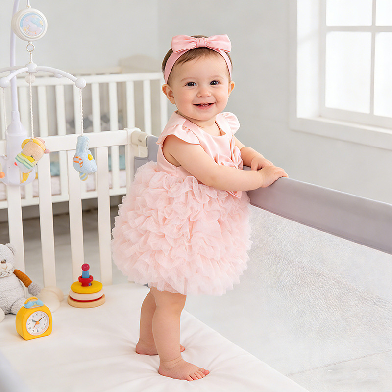 Baby Pink Gauze Bow Tiered Dress