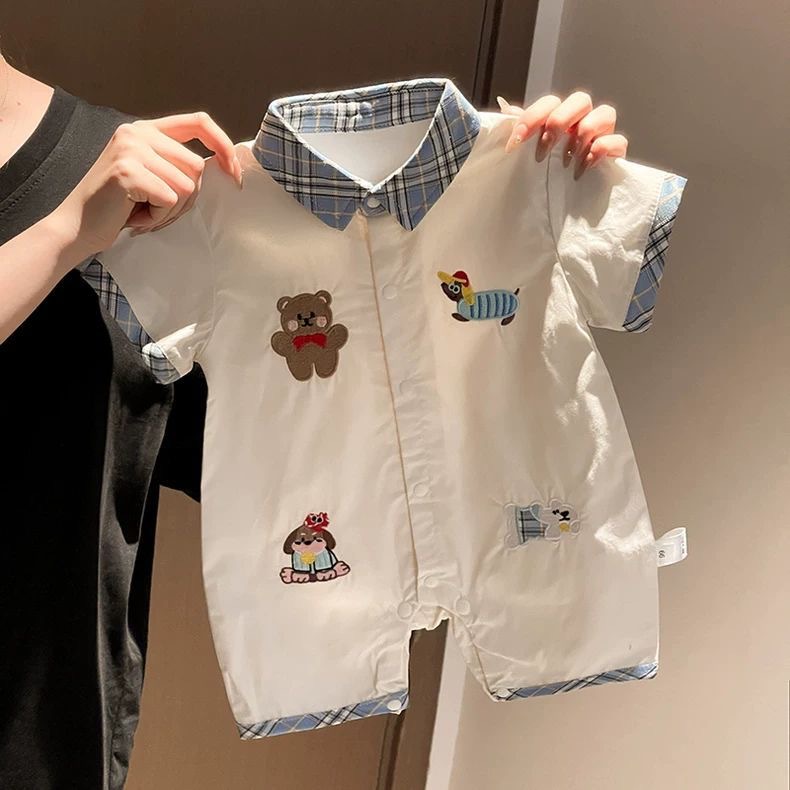Baby Cartoon Animal Blue Plaid Collar Onesie