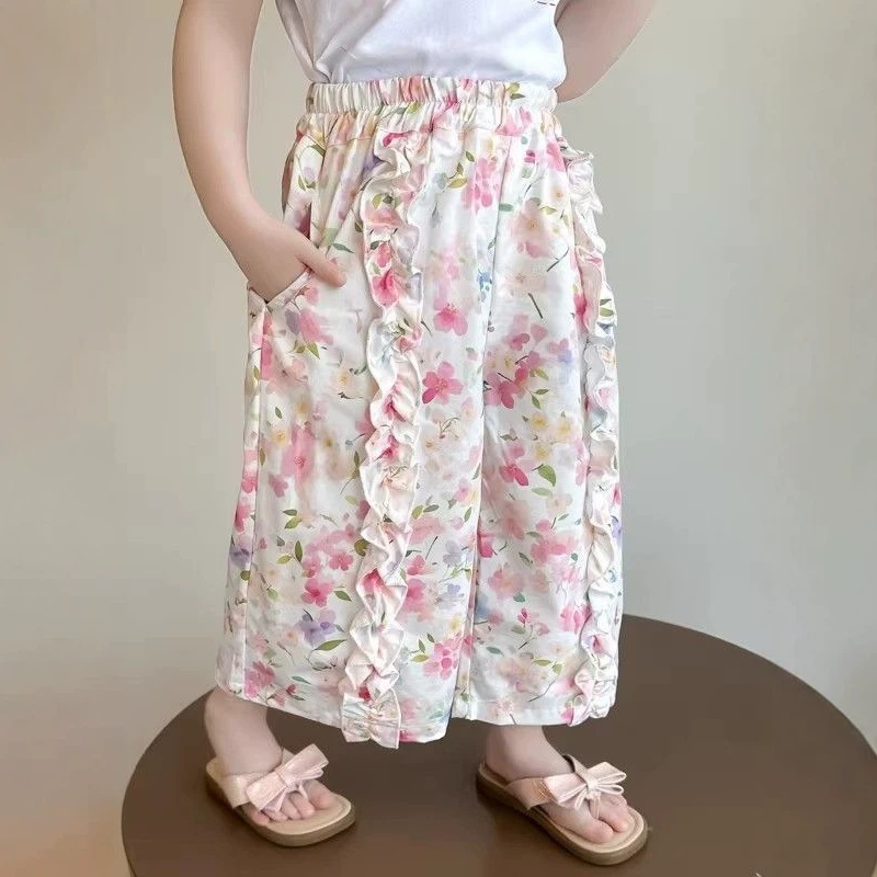 Kids Floral Ruffled Wide-Leg Pants