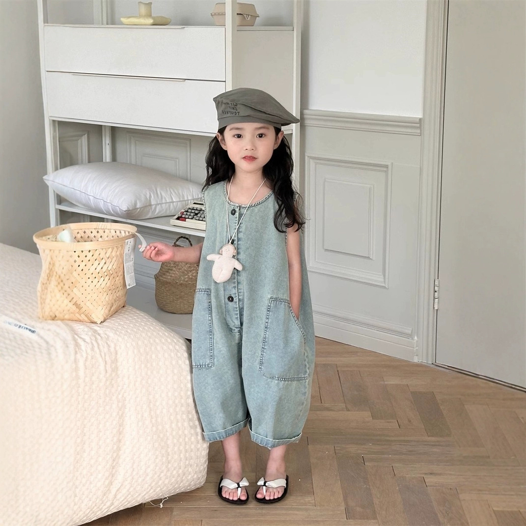 Kids Girls Solid Color Denim Overalls