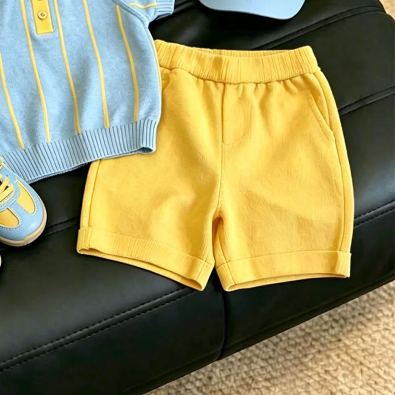 Kids Blue stripes Polo T-shirt and Yellow Short Pants Set