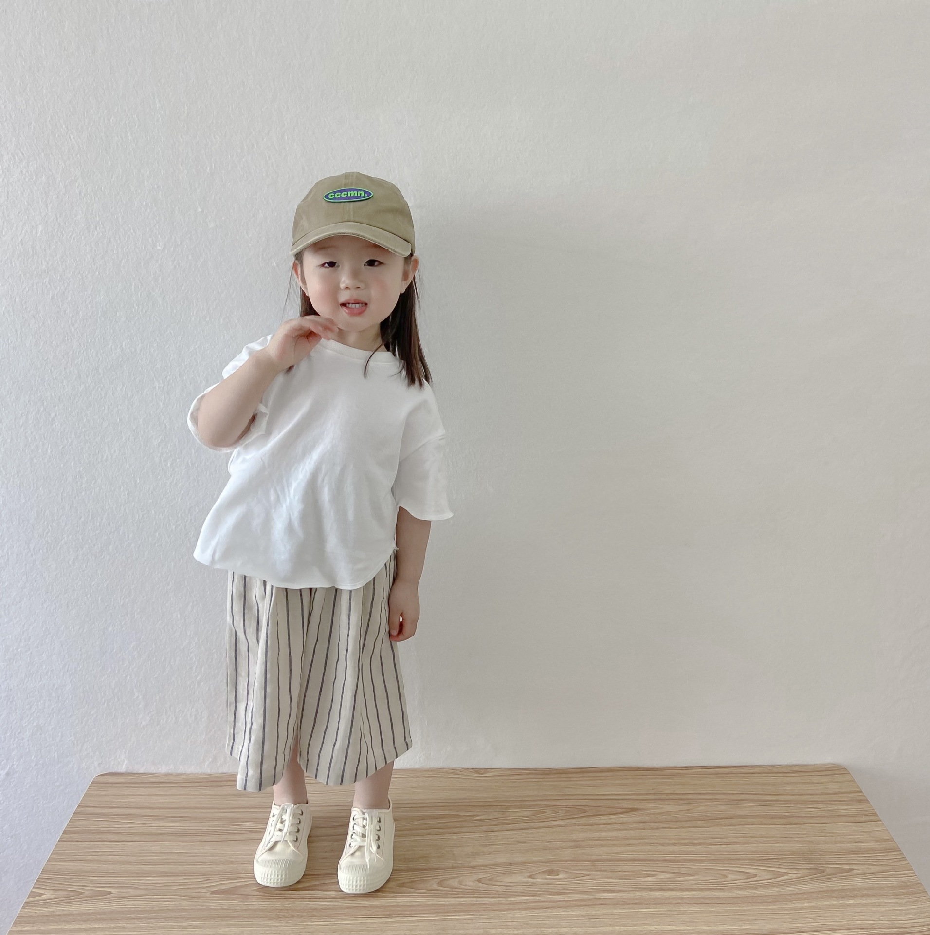 Kids White T-shirt and Stripe Pants Set